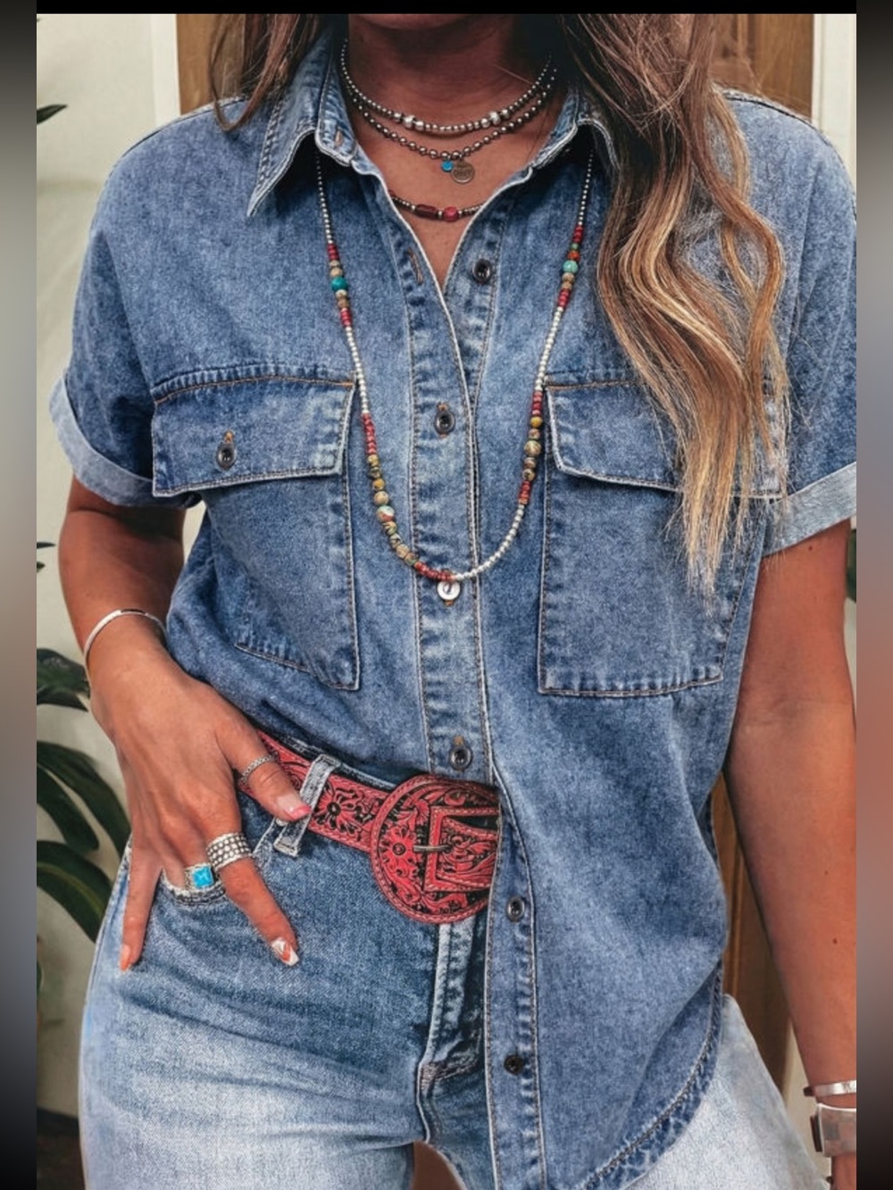 1229. Blue denim rolled cuff button front top